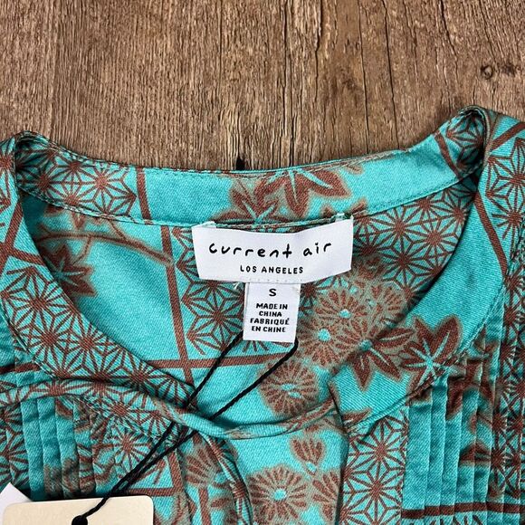 Current Air Anthropologie Blouse Long Sleeve V-Neck Women's S Teal Pleated NWT* - Picture 4 of 13